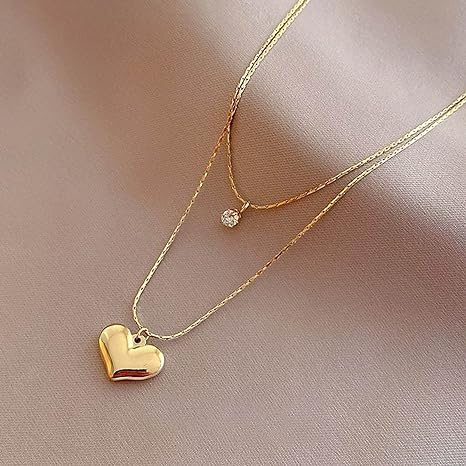 Double Layer Heart & Crystal Pendants Necklace