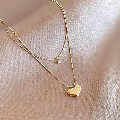 Double Layer Heart & Crystal Pendants Necklace