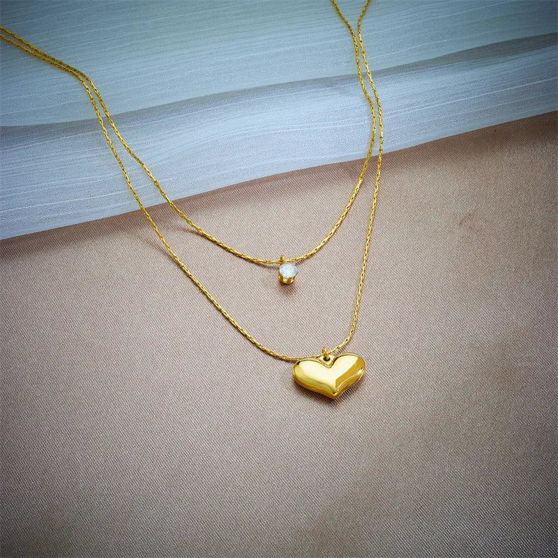 Double Layer Heart & Crystal Pendants Necklace