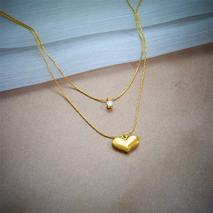 Double Layer Heart & Crystal Pendants Necklace