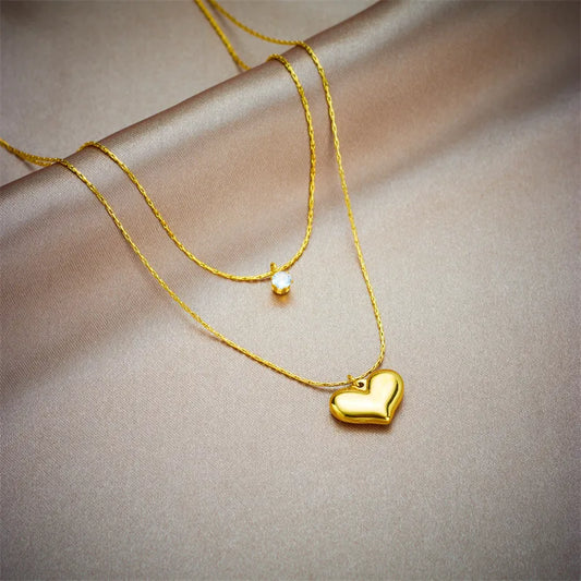 Double Layer Heart & Crystal Pendants Necklace